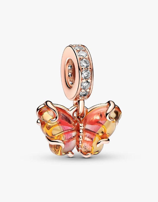 Pink & Yellow Murano Glass Butterfly Dangle Charm